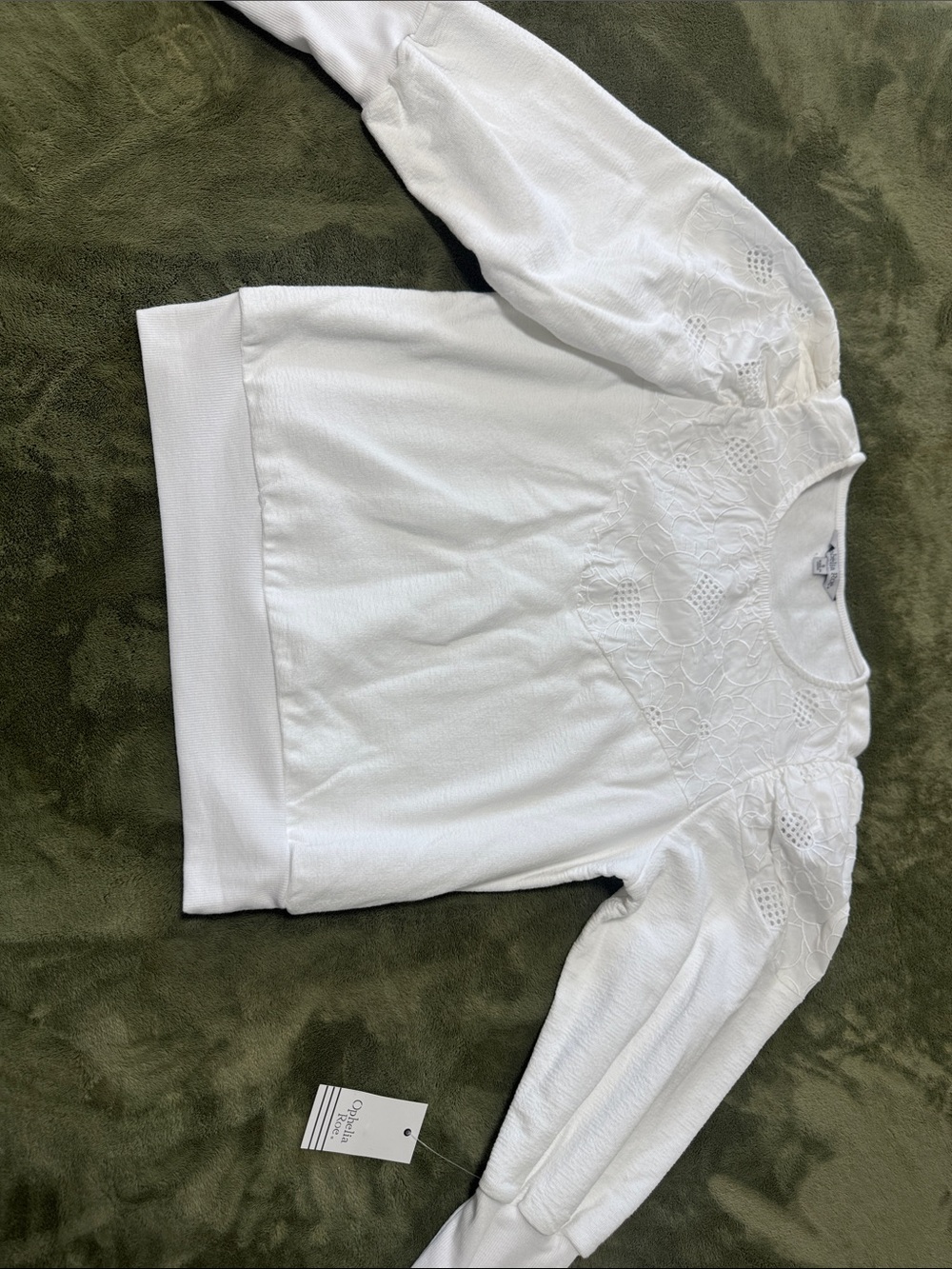 Girls' White Embroidered Puff-Sleeve Sweatshirt